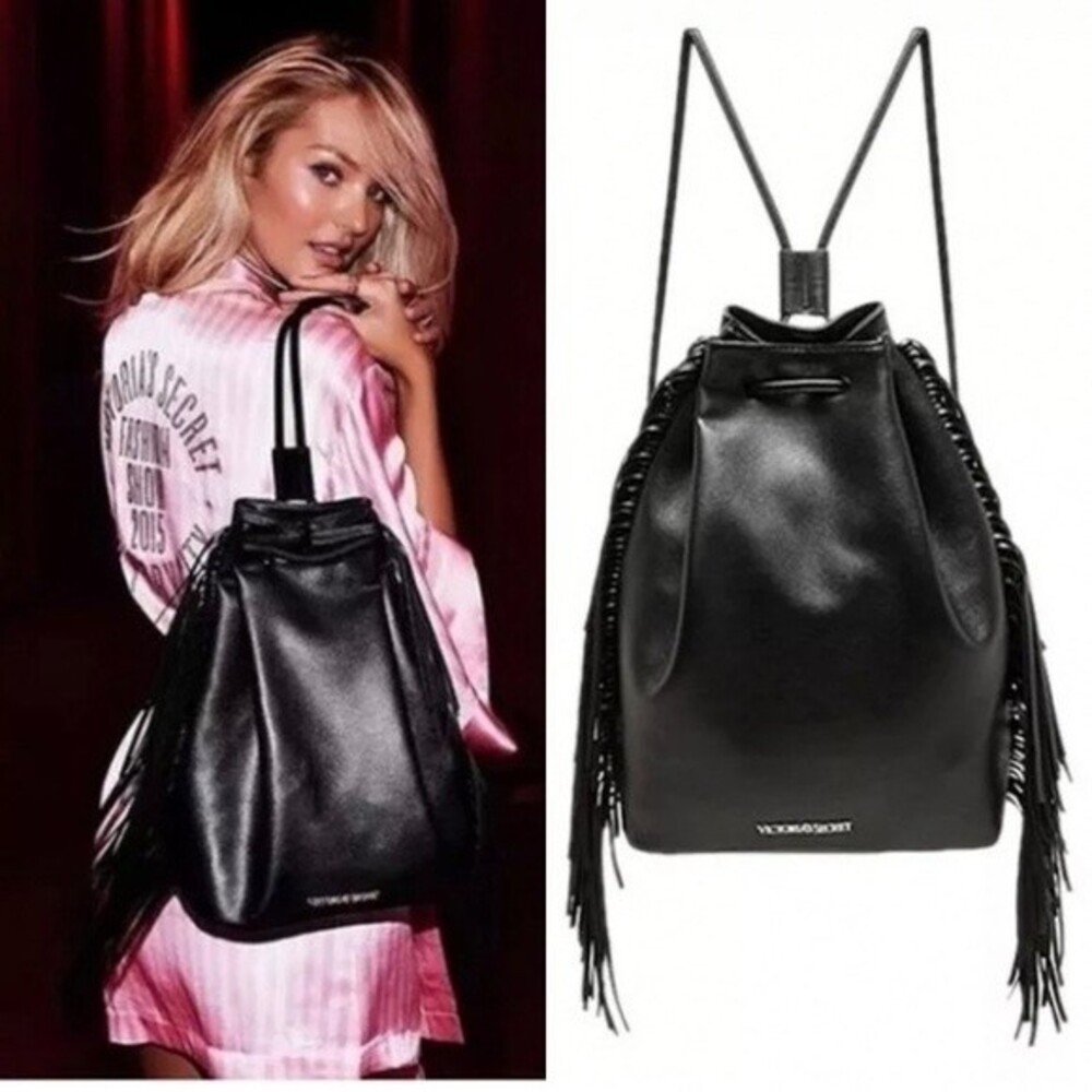 NWOT VICTORIA’S SECRET FAUX LEATHER FRINGE BACKPACK IN BLACK . LIMITED EDITION - Picture 2 of 10